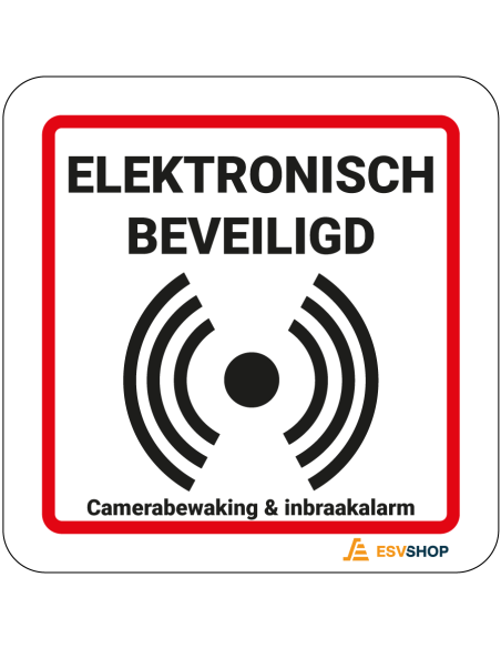 Raamsticker elektronisch beveiligd - rood wit - vierkant - tekst elektronisch beveiligd met alarm symbool