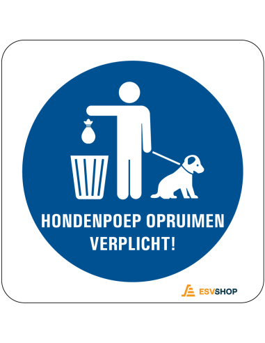 Raamsticker opruimplicht, blauw wit, rond, symbool persoon met hond en Nederlandse tekst