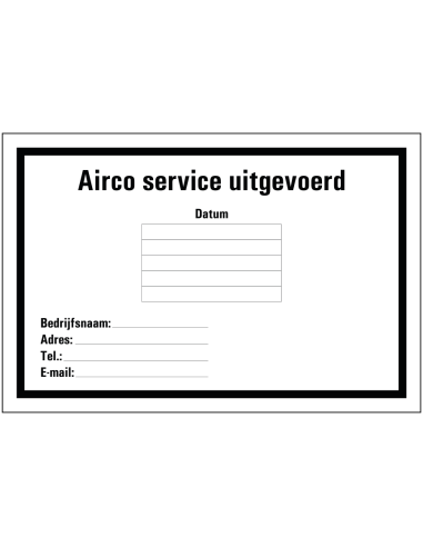 Airco service sticker, zwart wit, rechthoekig, Nederlandse tekst, beschrijfbaar