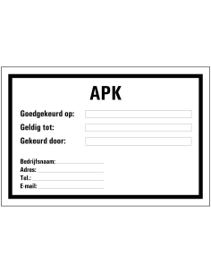 APK sticker, zwart wit, rechthoekig, Nederlandse tekst, beschrijfbaar