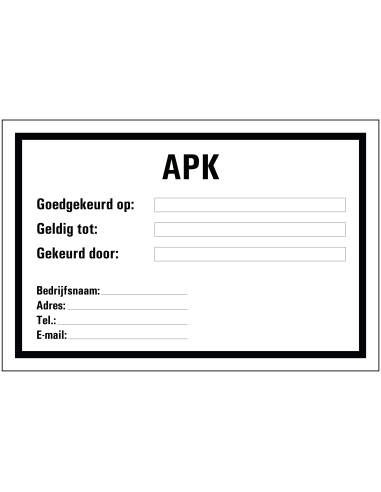 APK sticker, zwart wit, rechthoekig, Nederlandse tekst, beschrijfbaar