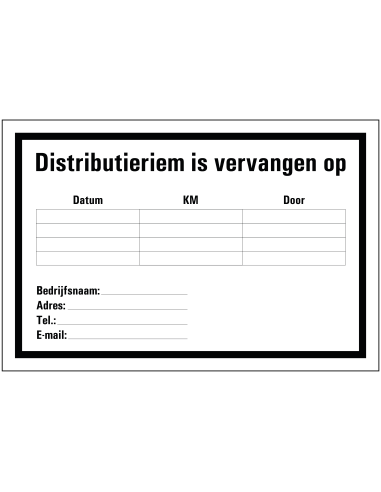 Distributieriem vervangen sticker, zwart wit, rechthoekig, Nederlandse tekst, beschrijfbaar