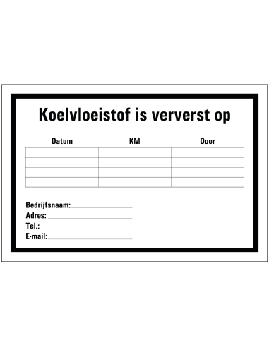 Koelvloeistof sticker, zwart wit, rechthoekig, Nederlandse tekst, beschrijfbaar