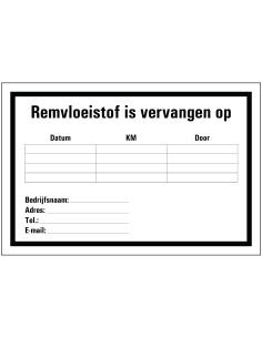 Remvloeistof sticker , zwart wit, rechthoekig, Nederlandse tekst, beschrijfbaar