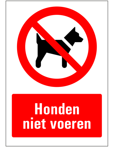 Honden niet voeren sticker, rood wit, rechthoekig, symbool hond met rode streep en tekst