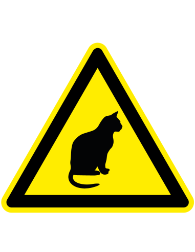 Pas op katten bord, geel zwart, driehoekig, symbool kat met zwarte rand en gele achtergrond