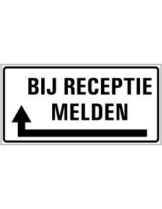 Bij receptie melden links sticker, zwart wit, rechthoekig, pijl links om de hoek