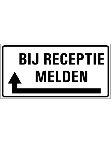 Bij receptie melden links sticker, zwart wit, rechthoekig, pijl links om de hoek