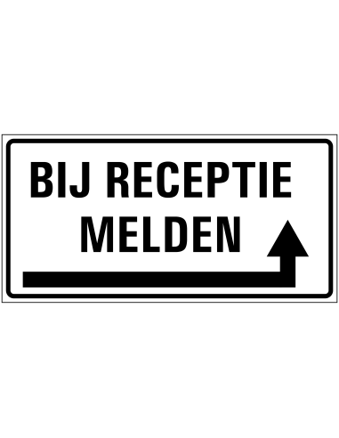 Bij receptie melden rechts sticker, zwart wit, rechthoekig, pijl links om de hoek