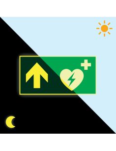 Extra lichtgevend AED bord met pijl boven, groen wit, rechthoekig, symbool aed met pijl boven