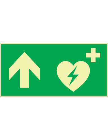 Extra lichtgevend AED bord met pijl boven, groen wit, rechthoekig, symbool aed met pijl boven