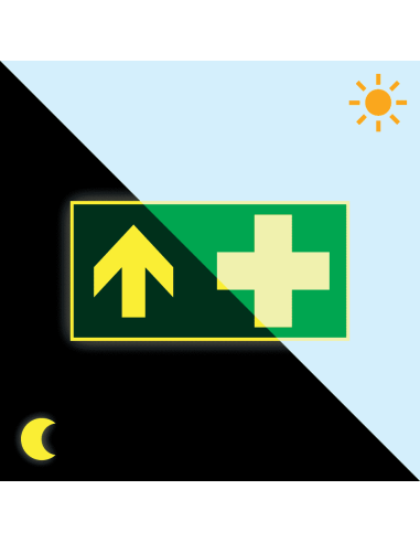 Extra lichtgevend EHBO bord met pijl boven, groen wit, rechthoekig, symbool EHBO met pijl boven