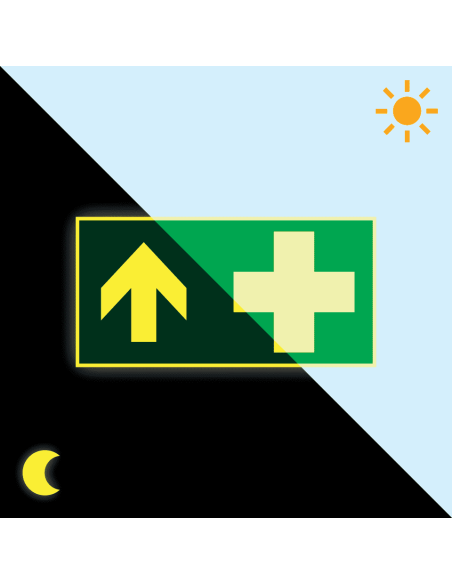 Extra lichtgevend EHBO bord met pijl boven, groen wit, rechthoekig, symbool EHBO met pijl boven