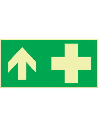 Extra lichtgevend EHBO bord met pijl boven, groen wit, rechthoekig, symbool EHBO met pijl boven