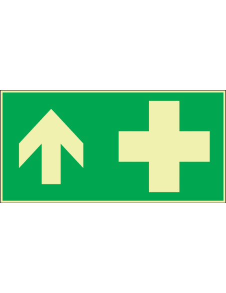 Extra lichtgevend EHBO bord met pijl boven, groen wit, rechthoekig, symbool EHBO met pijl boven