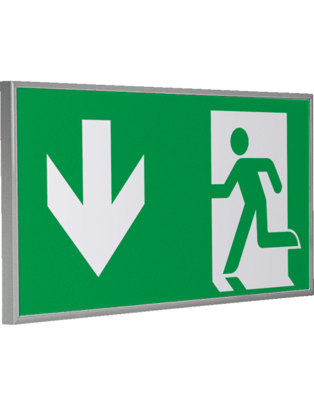 Nooduitgang bord pijl beneden in frame