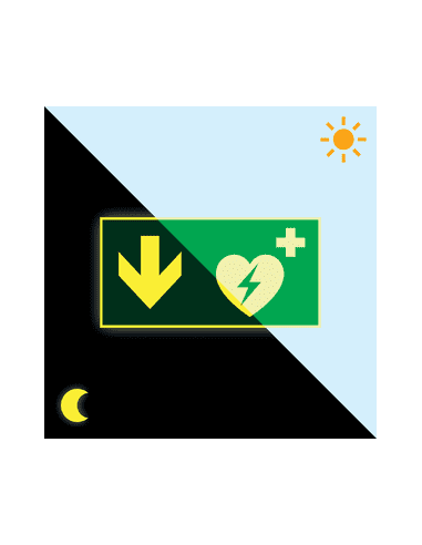 Extra lichtgevend AED bord met pijl beneden, groen wit, rechthoekig, symbool aed met pijl beneden