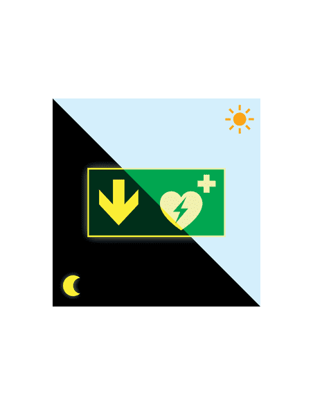 Extra lichtgevend AED bord met pijl beneden, groen wit, rechthoekig, symbool aed met pijl beneden