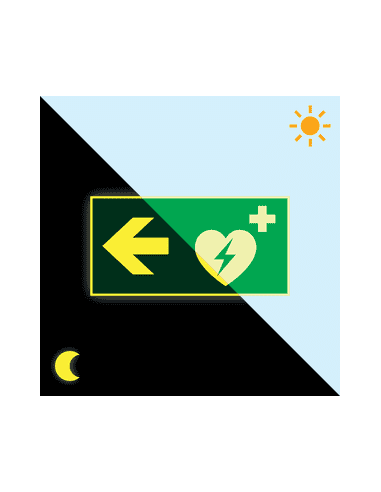 Extra lichtgevend AED bord met pijl links, groen wit, rechthoekig, symbool aed met pijl links