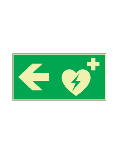 Extra lichtgevend AED bord met pijl links, groen wit, rechthoekig, symbool aed met pijl links