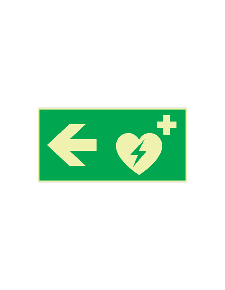Extra lichtgevend AED bord met pijl links, groen wit, rechthoekig, symbool aed met pijl links