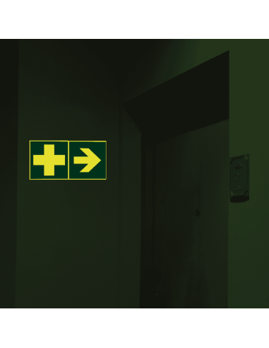 Extra lichtgevende nooduitgang sticker richtingspijl, groen wit, vierkant, symbool pijl