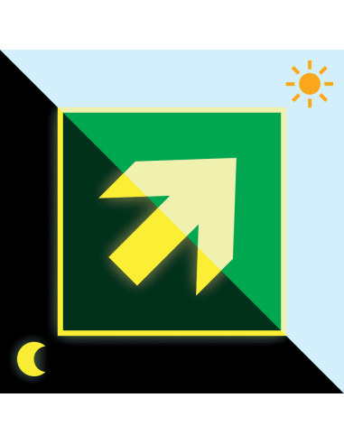 Extra lichtgevende nooduitgang sticker richtingspijl schuin, groen wit, vierkant, schuine pijl