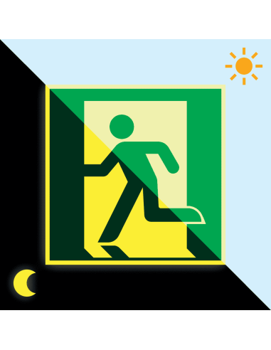 Extra lichtgevende nooduitgang links sticker - E001, groen wit, vierkant, symbool nooduitgang links, naschijnend