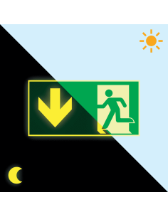 Extra lichtgevend nooduitgang bord pijl beneden, groen wit, rechthoekig, symbool nooduitgang met pijl