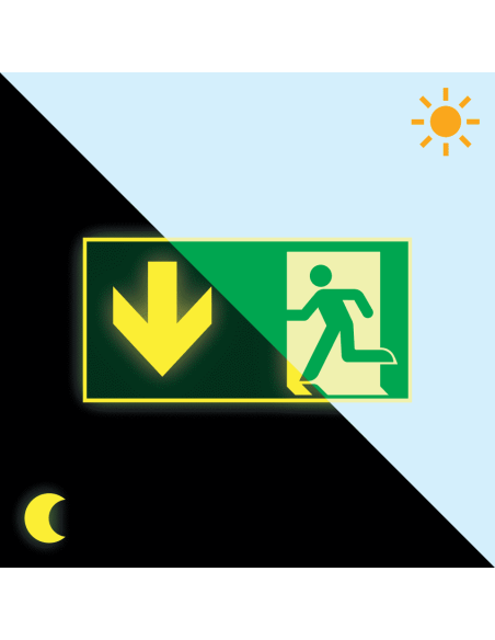 Extra lichtgevend nooduitgang bord pijl beneden, groen wit, rechthoekig, symbool nooduitgang met pijl