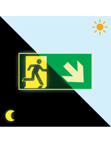 Extra lichtgevend nooduitgang bord pijl rechtsonder - kunststof, groen wit, rechthoekig