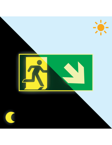 Extra lichtgevend nooduitgang bord pijl rechtsonder - kunststof, groen wit, rechthoekig