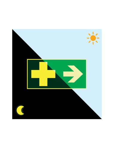 Extra lichtgevend EHBO bord met pijl rechts, groen wit, rechthoekig, symbool EHBO met pijl rechts