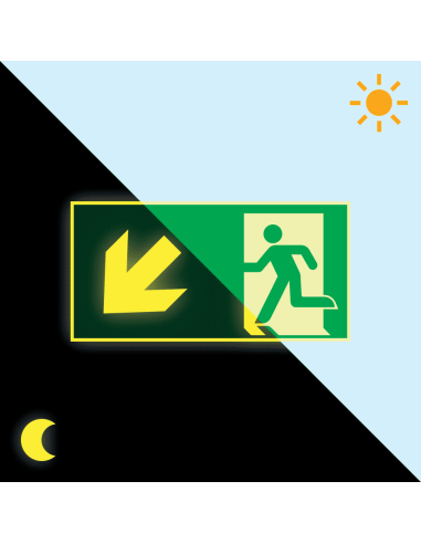 Extra lichtgevend nooduitgang bord pijl linksonder - kunststof, groen wit, rechthoekig