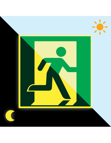 Extra lichtgevend nooduitgang rechts bord - kunststof, groen wit, vierkant, symbool nooduitgang rechts