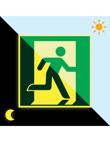 Extra lichtgevend nooduitgang rechts bord - kunststof, groen wit, vierkant, symbool nooduitgang rechts