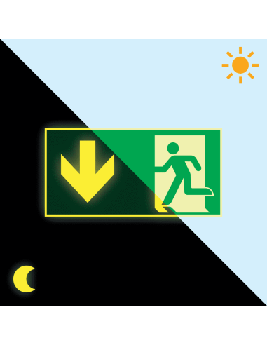 Extra lichtgevend nooduitgang bord pijl beneden - aluminium, groen wit, rechthoekig