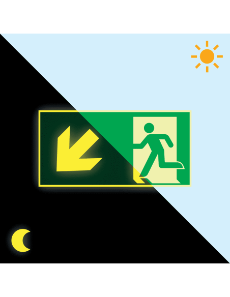 Extra lichtgevend nooduitgang bord pijl linksonder - aluminium - E001, groen wit, rechthoekig