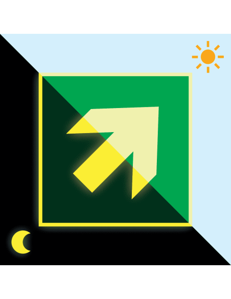 Extra lichtgevend nooduitgang bord richtingspijl schuin - aluminium, groen wit, vierkant, schuine pijl