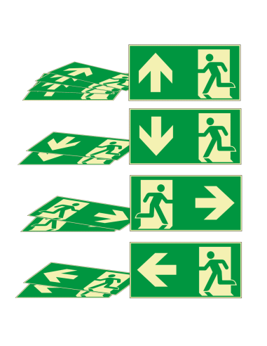 Extra lichtgevende nooduitgang bordenset - 10 stuks, groen wit, rechthoekig, symbool nooduitgang met pijl