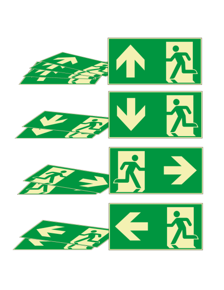 Extra lichtgevende nooduitgang bordenset - 10 stuks, groen wit, rechthoekig, symbool nooduitgang met pijl