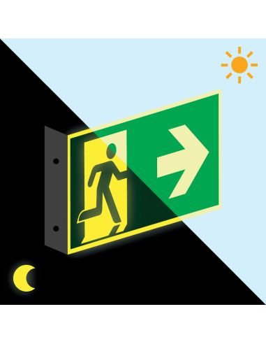 Extra lichtgevend haaks nooduitgang bord - dubbelzijdig - kunststof, groen wit, rechthoekig, ISO 7010