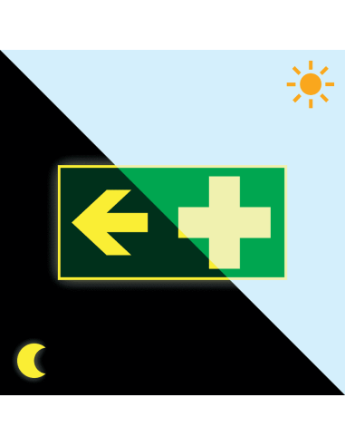 Extra lichtgevend EHBO bord met pijl links, groen wit, rechthoekig, symbool EHBO met pijl links