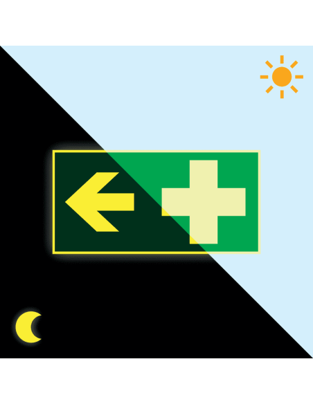 Extra lichtgevend EHBO bord met pijl links, groen wit, rechthoekig, symbool EHBO met pijl links
