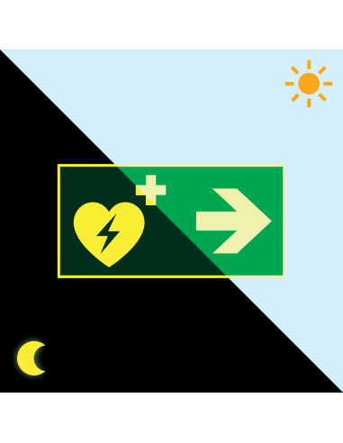 Extra lichtgevend AED bord met pijl rechts, groen wit, rechthoekig, symbool aed met pijl rechts