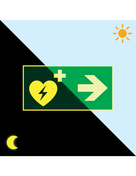 Extra lichtgevend AED bord met pijl rechts, groen wit, rechthoekig, symbool aed met pijl rechts