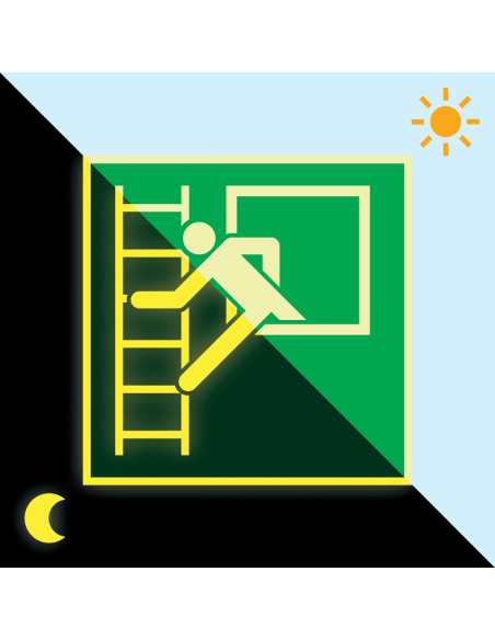 Extra lichtgevende noodraam met vluchtladder sticker, groen wit, vierkant, symbool persoon op ladder