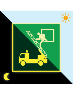 Extra lichtgevende redding uitgang raam sticker, groen wit, vierkant, symbool persoon op ladder