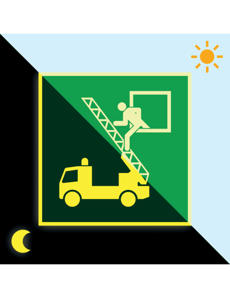 Extra lichtgevende redding uitgang raam sticker, groen wit, vierkant, symbool persoon op ladder