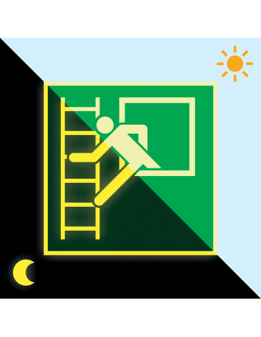 Extra lichtgevend noodraam met vluchtladder bord, groen wit, vierkant, symbool persoon met vluchtladder